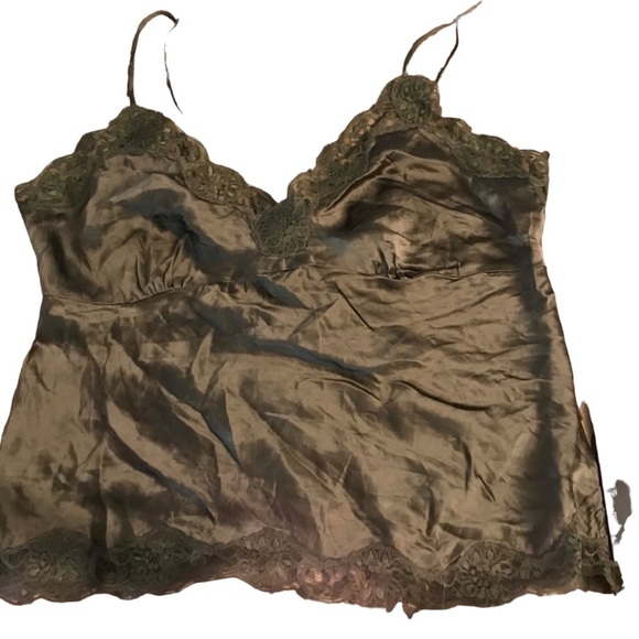 Olive Green large satin camisole with lace trim - Picture 1 of 15